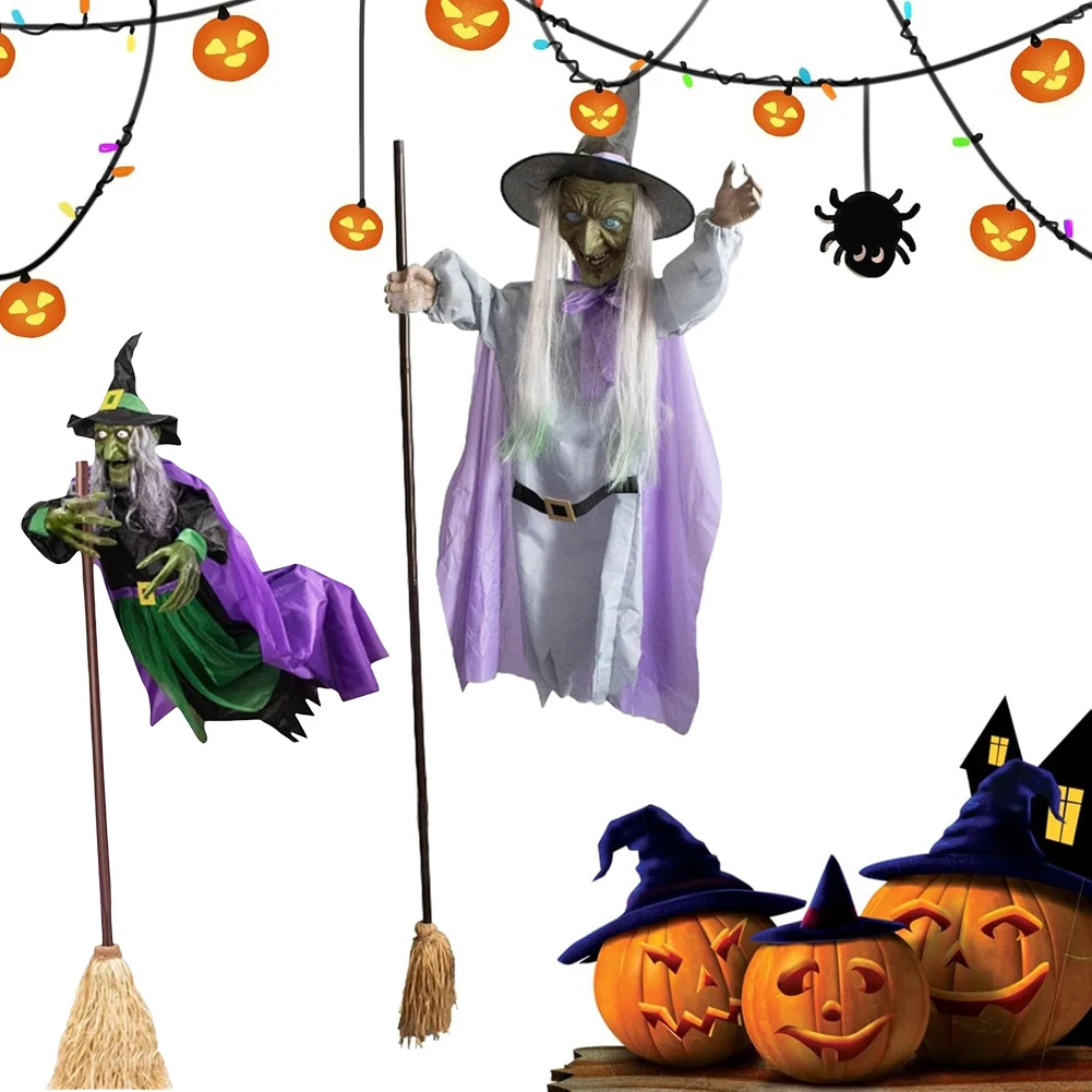 

Halloween Flying Witch on Broom Decor with Luminous Eyes Animated Witch Decor Outdoor Hovering Witch for Garden Yard Lawn