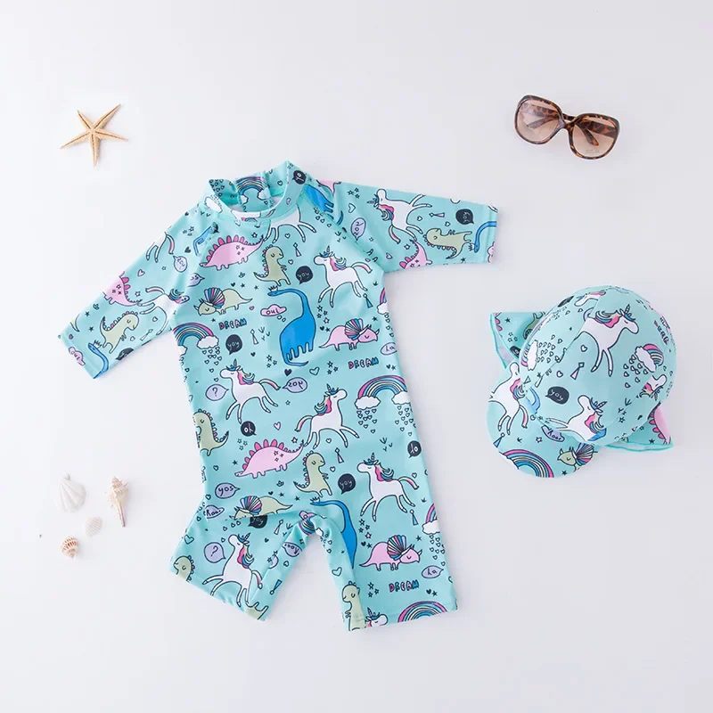 Child Boys Swimwear UV Sun Protect with Hat 2PCS Set Dinosaur Toddlers Kids One-piece Swimwear Baby Beach Wear Bathing Suits