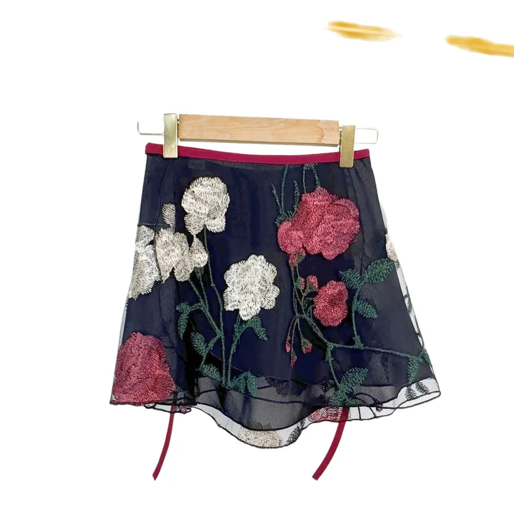 Korte balletrok, dubbel gelaagd kantborduurwerk, dansrok voor dames, gymnastiekoefenrok, lyrische balletrok voor volwassenen