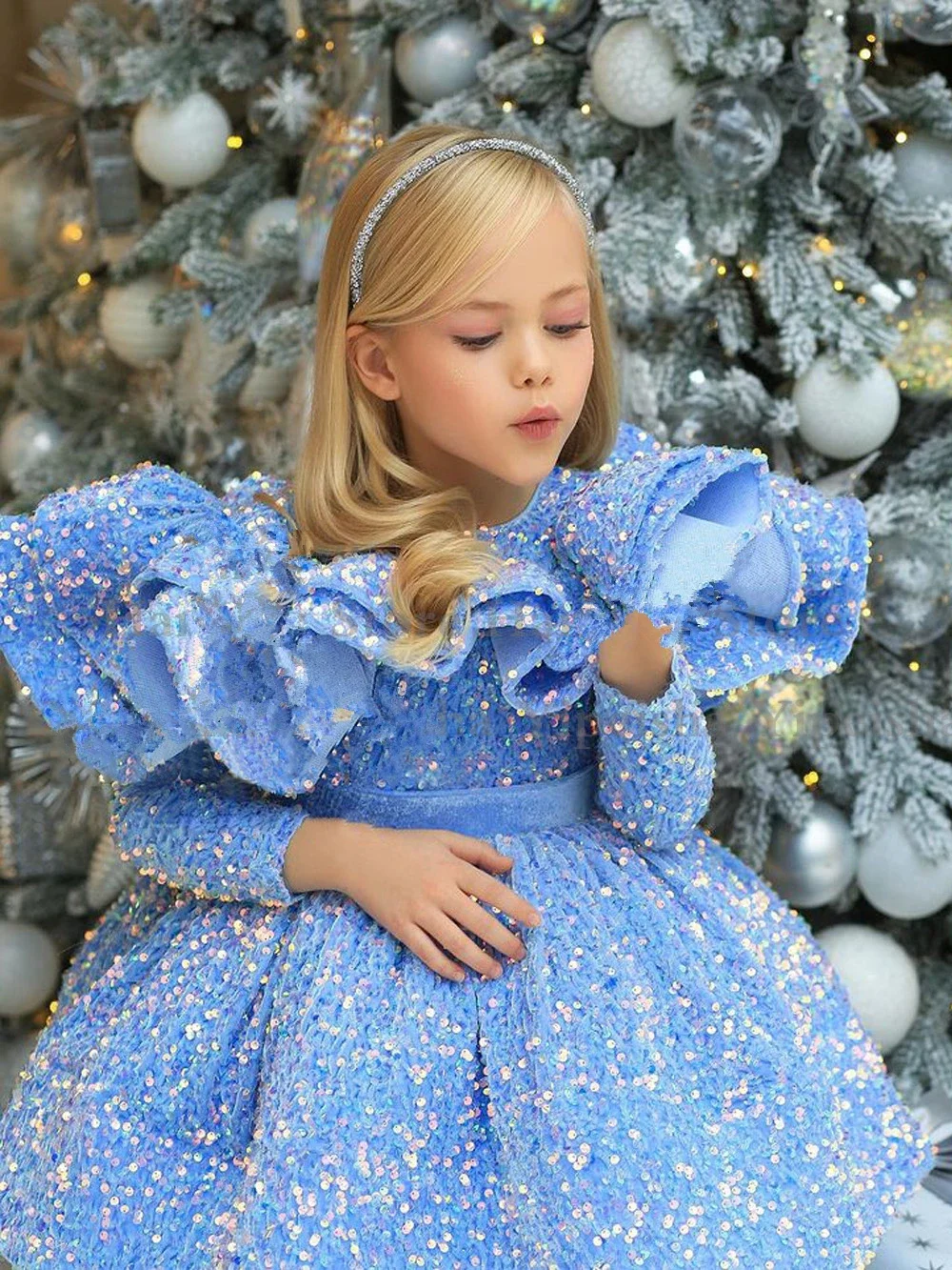 Blue Glitter Illusion Lush Girl Party Dresses Elegant Fluffy Girl Princess Dress Shiny luxurious Birthday Wedding Dress Girl