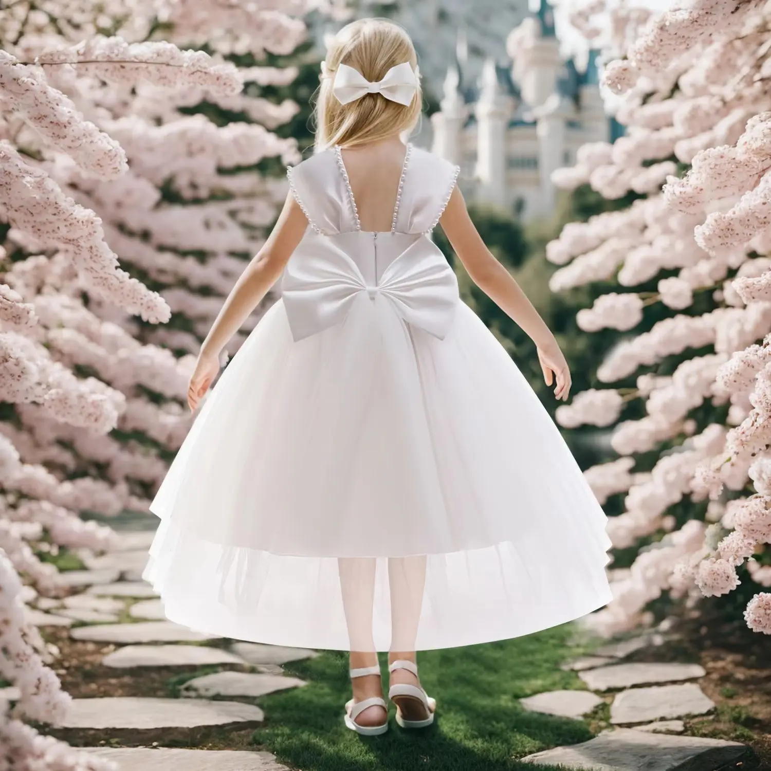 Flower Girls Elegant Pearls Big Bow Tulle White Dress For Children Formal Pageant First Communion Birthday Wedding Party Gown