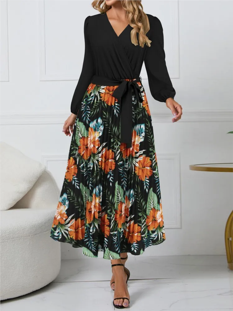 

Women's Autumn New Fashionable Slimming Style Sexy V-neck Printed Skirt With Strap Up Waist Long Sleeve Folded Dress