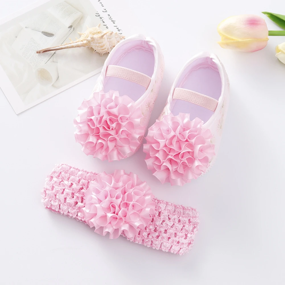 Baby Girls Flats and Headband Sets Newborn Princess Soft Sole Non-slip Flower First Walkers Infant Wedding Dress Walking Shoes