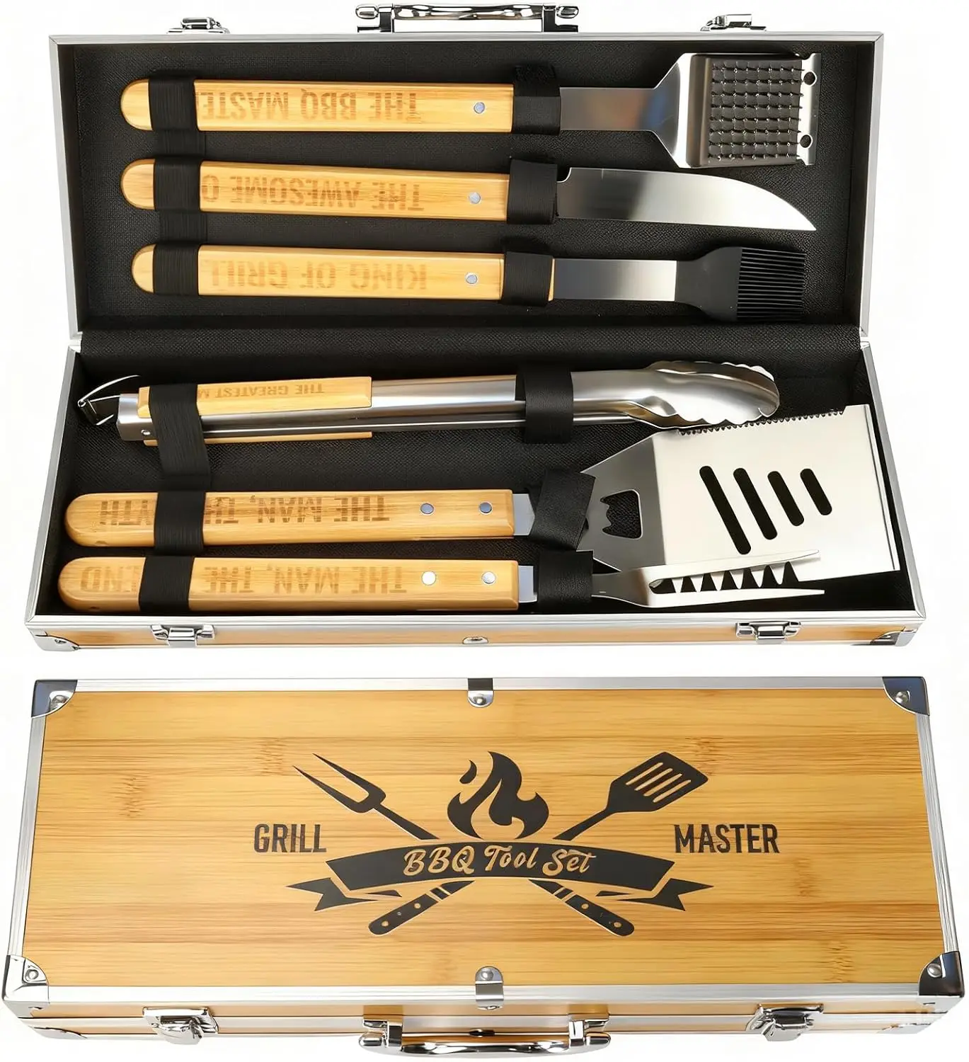 

BBQ Accessories Grill Tools Set, Wooden Grilling Accessories Gifts for Men, Grill Set Heavy Duty Stainless Steel for Outdoor