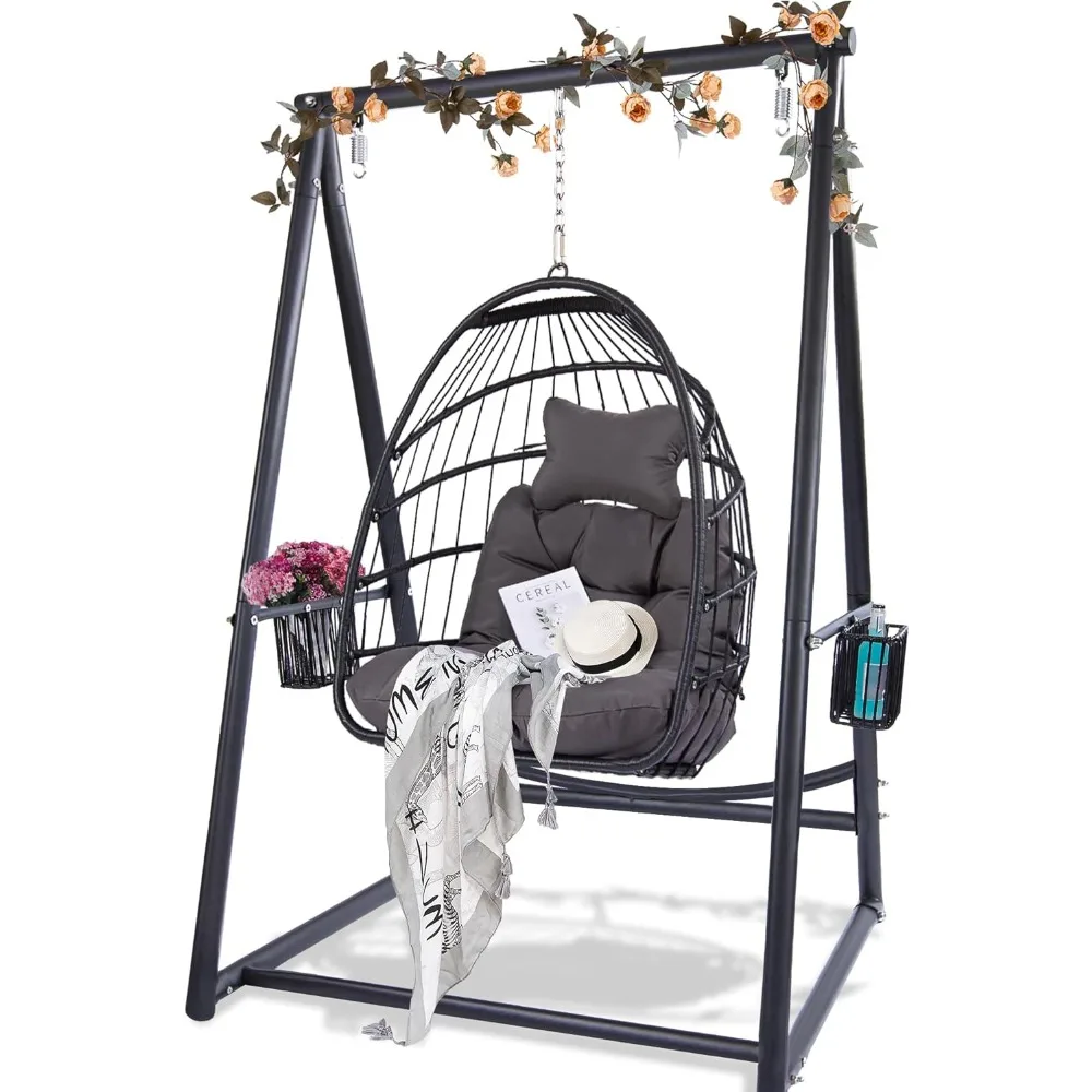 

Стул-качалка-гамак из ротанга с подставкой и подушкой, прочная подвесная подставка с плетеным стулом-яйцо-гамак для использования в помещении и на открытом воздухе