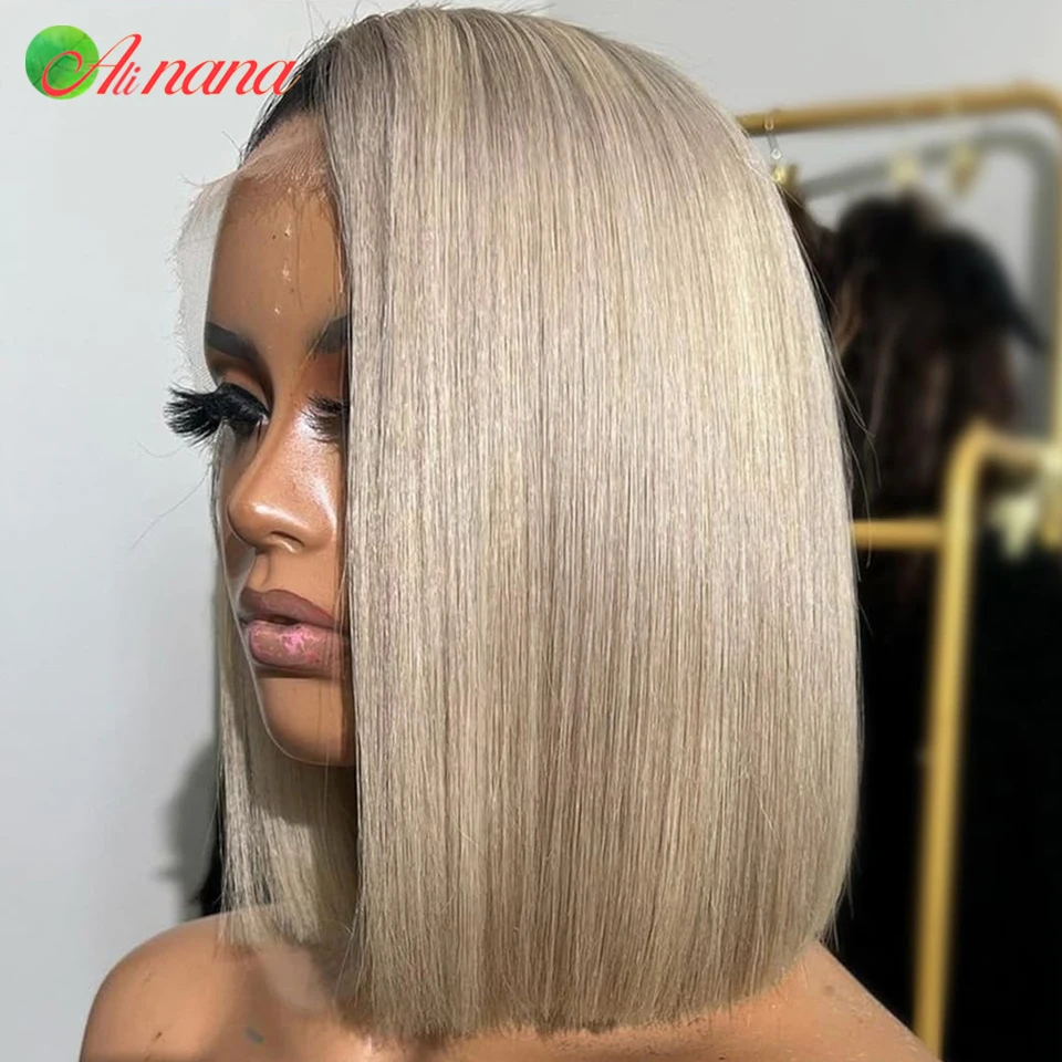 White Blonde Colored Short Bob Wig 13x4 Lace Front Wig Ash Blonde Bone Straight Remy Human Hair Wig For Black Women 180% Density