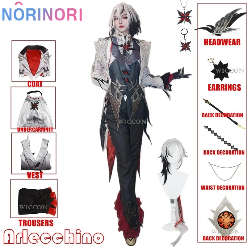 New Arlecchino Cosplay Costume Wigs Genshin Impact Fatui The Knave Arlecchino Uniform Eleven Fatui Harbingers Costume Outfit