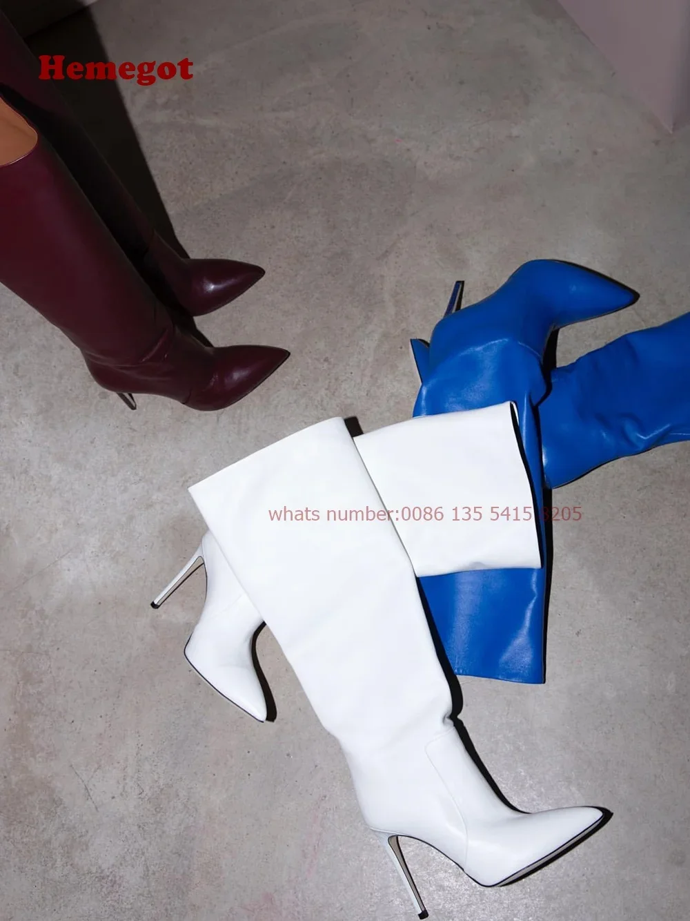 Patent Leather Stiletto Boots Pointy Toe Thin High Heels Knee High Women's Boots Slip On 2026 Elegant Runway Shoes Solid Blue