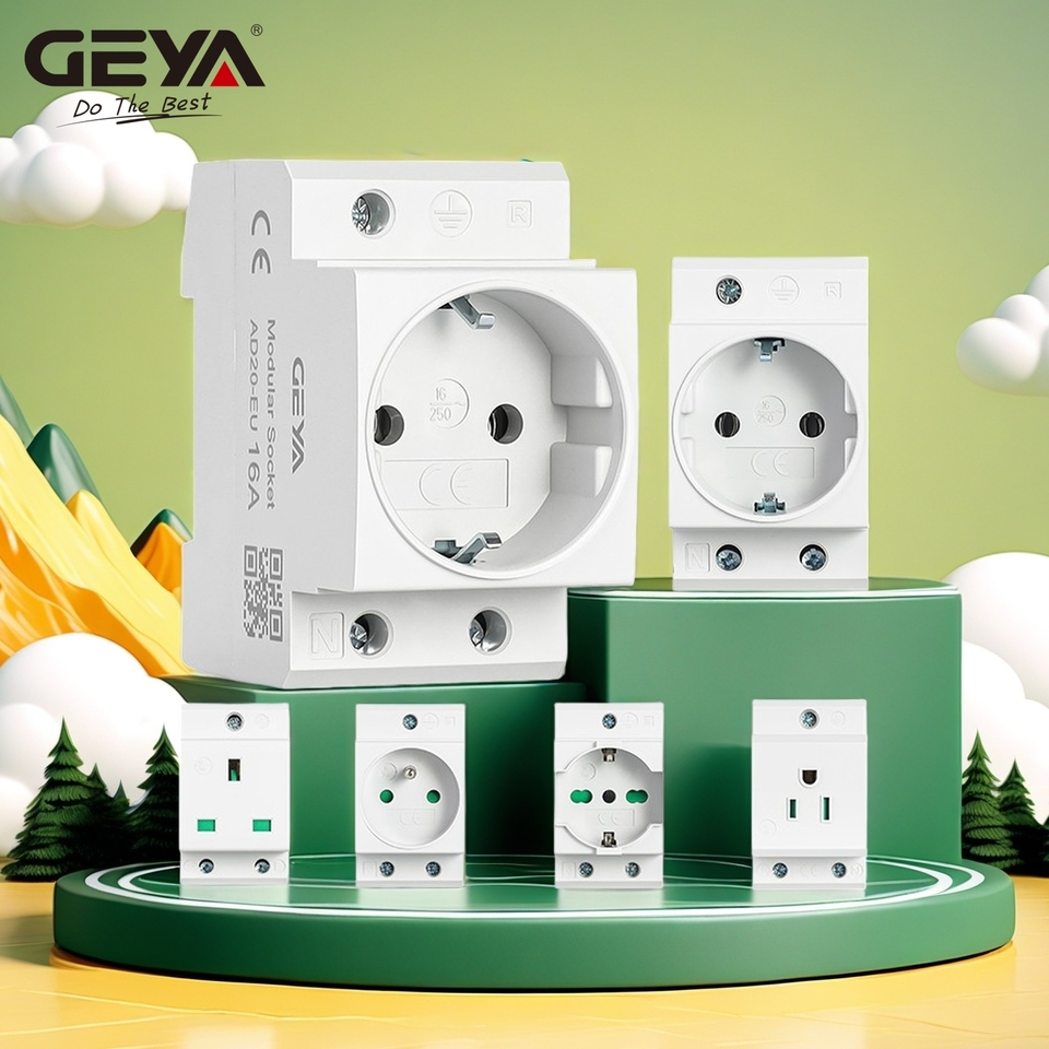  GEYA Din Rail Socket Modular Type AC Power Socket Plug EU/FR/US/UK/IT Standard 16A 220V AC Connector Grey AC30 Adapter Connector 
