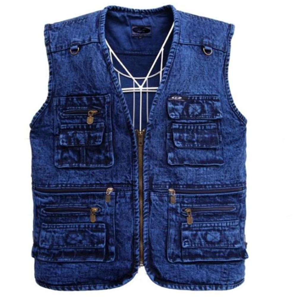 

2024 Male More Than Pocket Increase Spring Vests Autumn Waistcoat Denim Vest Sleeveless Denim Jackets Cotton Gilet Tactical 5xl