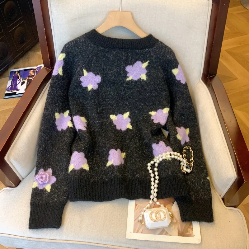 Maglione cardigan lavorato a maglia gotico nero da donna maglione vintage anni 2000 Y2k maniche lunghe maglione di cashmere fiore 3D abiti autunno inverno