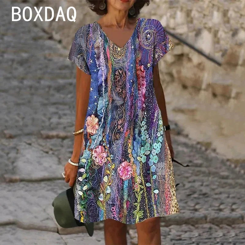 Women V-neck Short Sleeve Beach Dress 6XL Big Size Elegant Gradient Vintage Floral Casual A-Line Dress Vestidos De Mujer