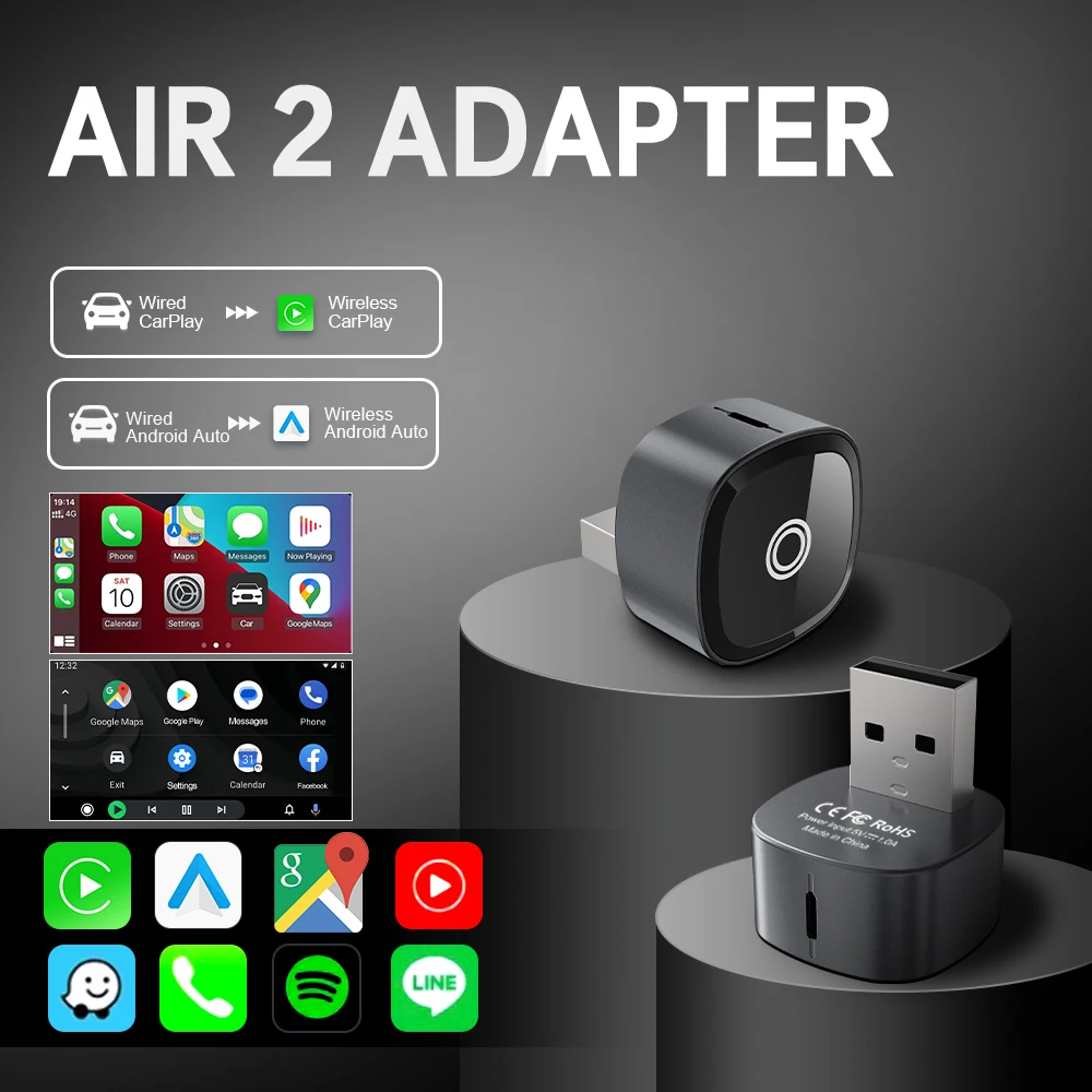 Air 2 CarPlay Android Auto Wireless Adapter Dual Channel Plug & Play Alloy USB Dongle Car Mini Box for Wired CarPlay Car 0.75W