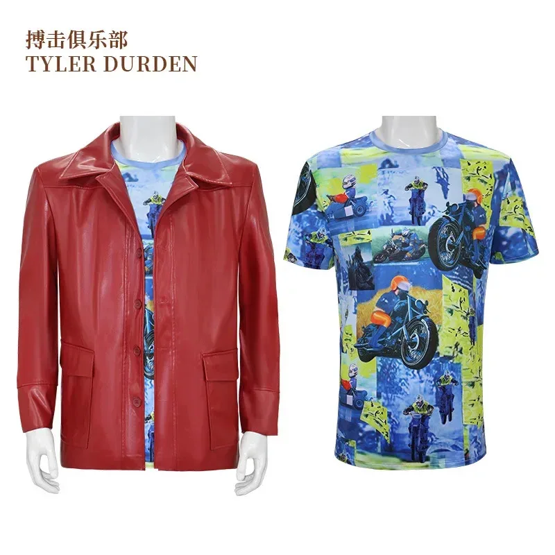 

Fight Club Tyler Durden Cosplay Costumes In Stock Brad Biker Leather Jacket Red Coat Shirt Glasses Halloween Party Suit