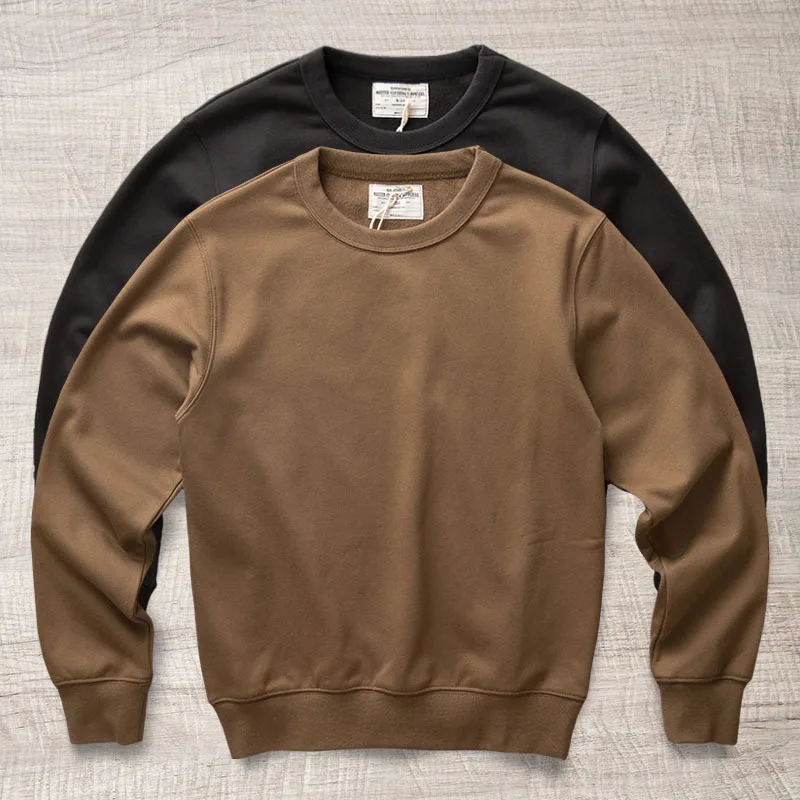 Heavyweight O-Neck Men's Sweatshirt Autumn Winter Solid Color Fleece Vintage Literary Pullover Fashion Simple Casual Cozy Tops