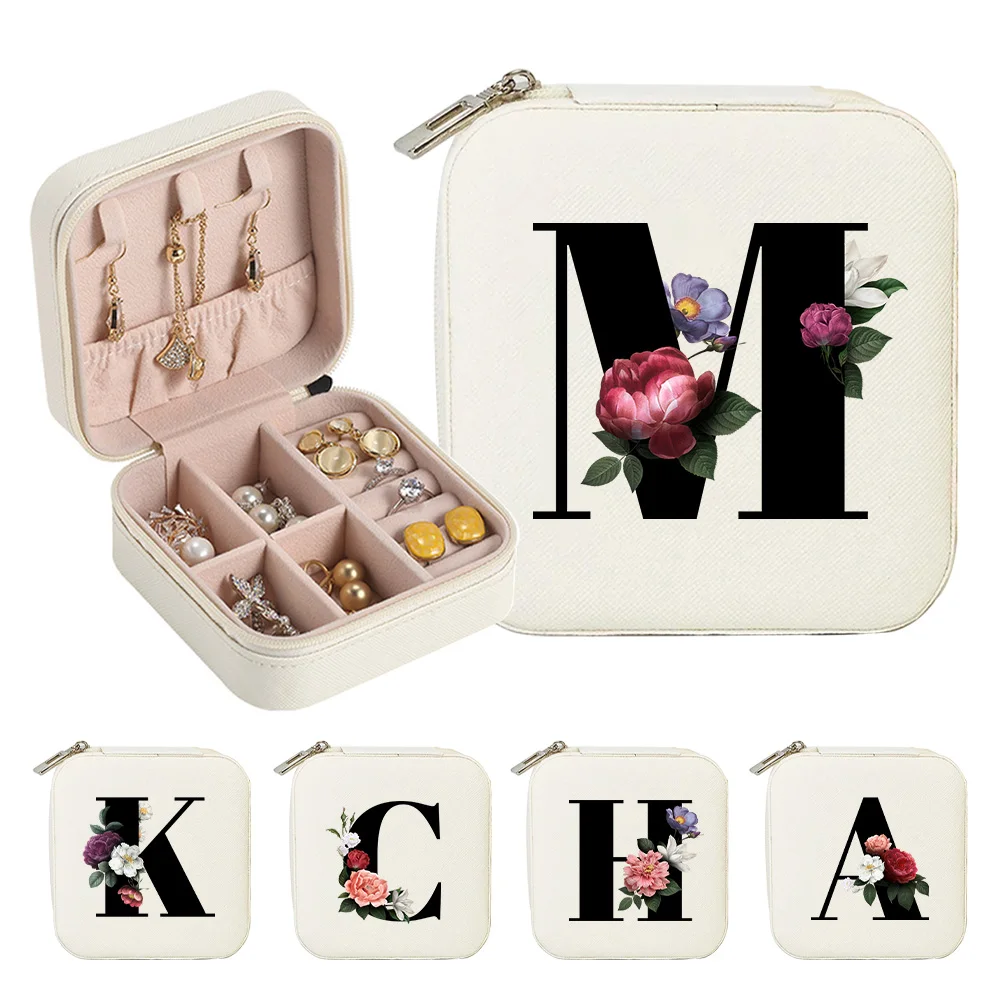 

1 шт. Женская шкатулка для украшений из искусственной кожи, модная, с цветочным узором и надписью, портативный органайзер для хранения серег, подарок на День матери