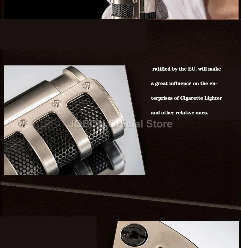 JOBON neues Metall-Outdoor-Feuerzeug mit winddichter Butangasflamme, blauer Flamme, 3-flammigem Turbo-Jet-Zigarrenanzünder, Zigarrenschneider, Geschenk für Männer. – Detail 11