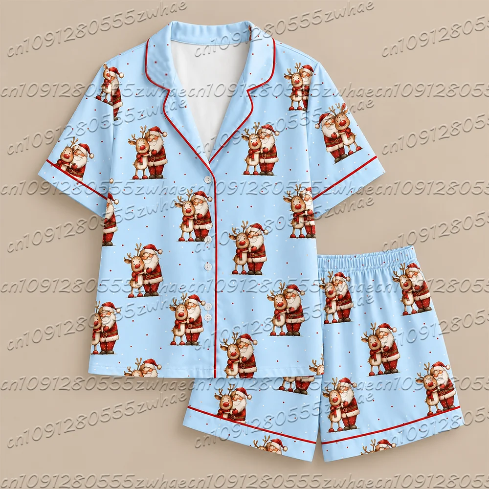 Women Pajamas Cardigan Lapel Short Sleeve Shorts Two Piece Set Loungewear Spring Summer Cute Teddy Bear Print Stripe Bow Loose