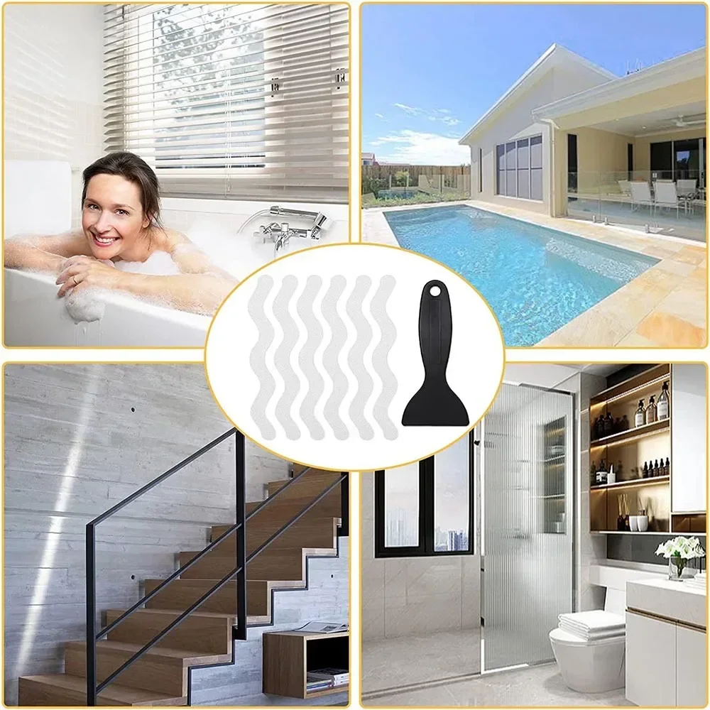 PEVA Bathtub Stair Steps Non-slip Strips 12Pcs S-shaped Bathroom Non-slip Stickers Home Safety Wave Shape Transparent Stickers