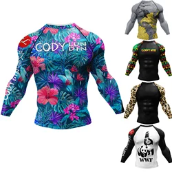 CODY LUNDIN Digital Printed Flower Men Long Sleeve Swimming Surfing Rash Guard Jiu jitsu BJJ Tees Male Compression Gym Shirts