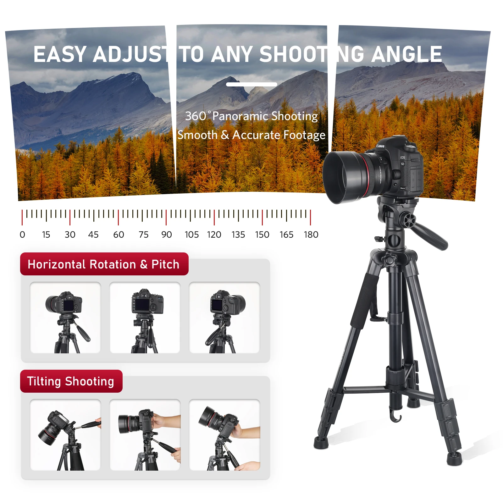 Horizontal Tripod for Camera Aluminum Professional Camera Tripod Stand Monopod Mobile Phone 360-degree Rotatable Center Column