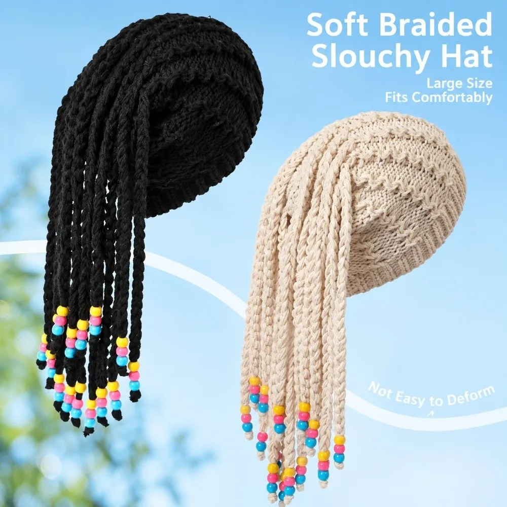 Trendy Knitted Dreadlock Beanie Color Bead Decor Faux Braid Braided Wig Hat Integrated Braid Stretchy Wig Beanie Street Styling
