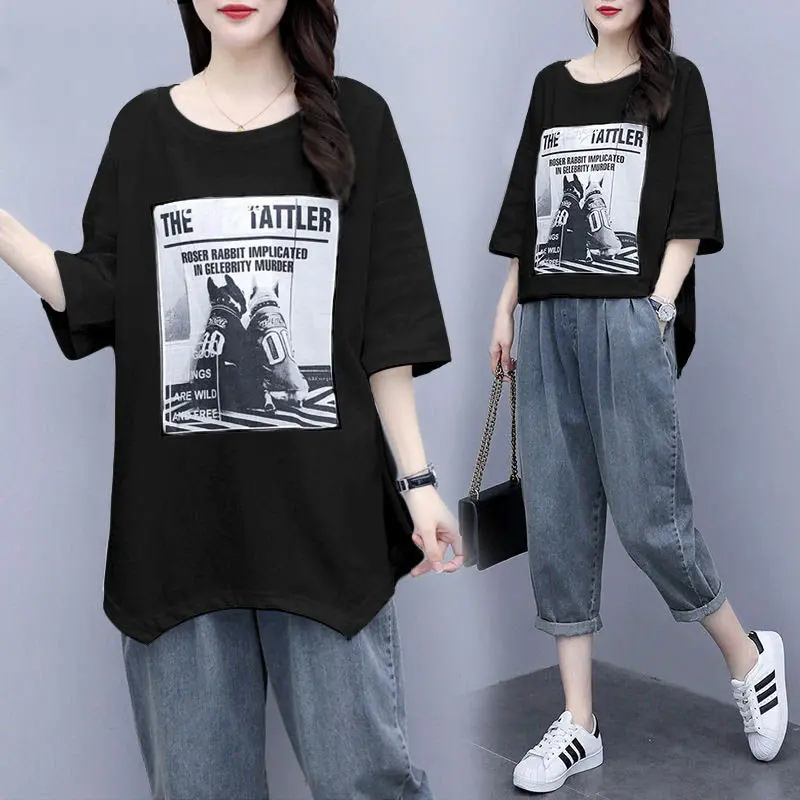 

Summer 2023 New Lady Set Women's Korean Print T-Thirt And Jeans Outfit Female Loose Casual Suit Two Piece Sets W9