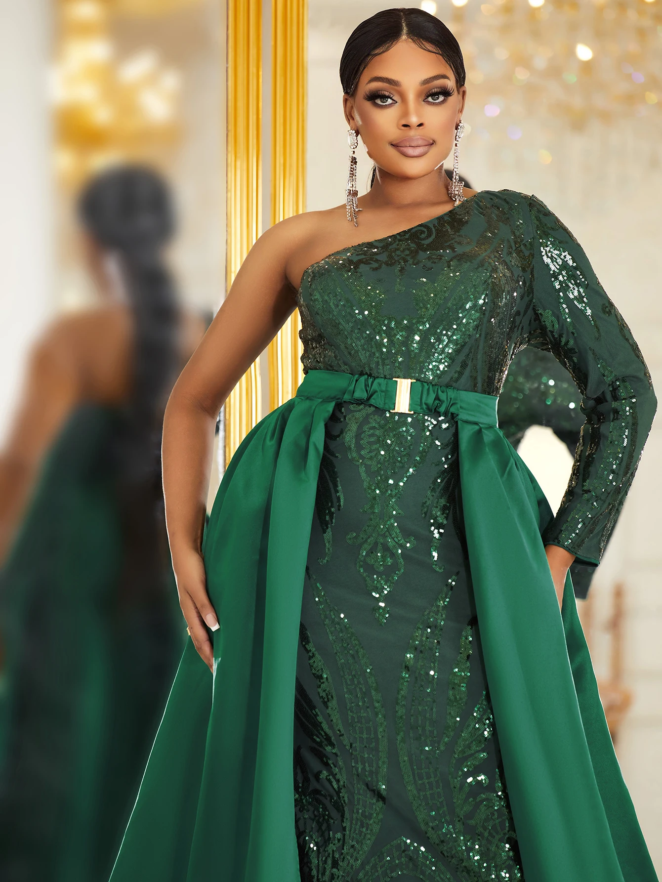 Plus One Shoulder Contrast Sequins Belted Prom Dress