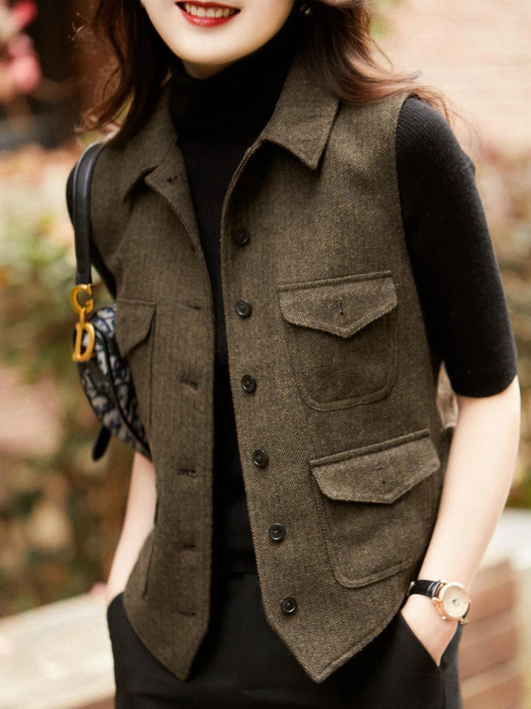 

Осень-зима, винтажный универсальный шерстяной жилет, женский повседневный модный топ без рукавов, женское однотонное пальто на пуговицах