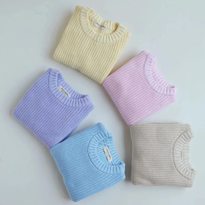 

Kids Knitting Pullovers Autumn Baby Girls Boys Sweaters Coat Tops Baby Boys Girls Candy Color Basic Cotton Long Sleeve Sweater