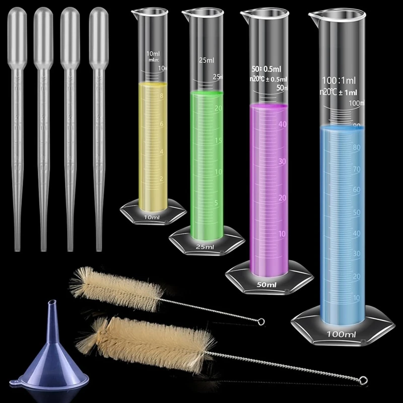 Plastic Gradient Cylinders, Medicine Measuring Cups, With 4 Pipettes, 1 Plastic Funnel And 2 Brushes 4-Pack