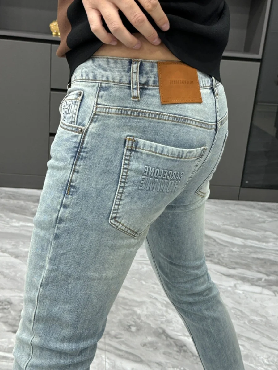 

Мужские узкие прямые джинсы с завышенной талией, светло-голубые джинсы, модные модные брюки из девяти предметов, летнее новое поступление, винтажные брюки