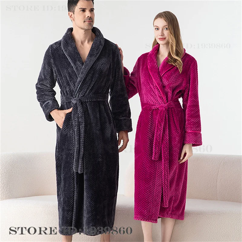 Albornoz Kimono largo de franela gruesa para hombre, ropa de dormir informal, cálida, Coral de lana de ropa de dormir, ropa de estar por casa para pareja, Invierno