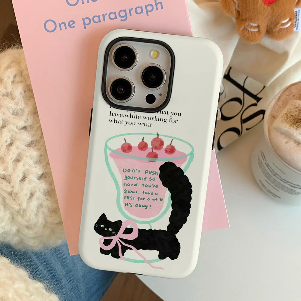 Yellow Dessert Bow Cat Phone Case for IPHONE 16 ProMax 15 14 PLUS 13 12 11 PRO Plus Acrylic TPU Two in One Mobile Phone Cases