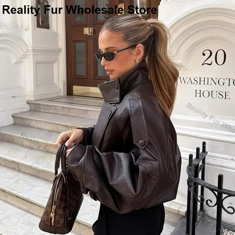 Women Leather Jacket Chic Streetwear Loose Fit Women's Oversized Leather Jacket Classic PU Leather High Quality Zipper Pockets