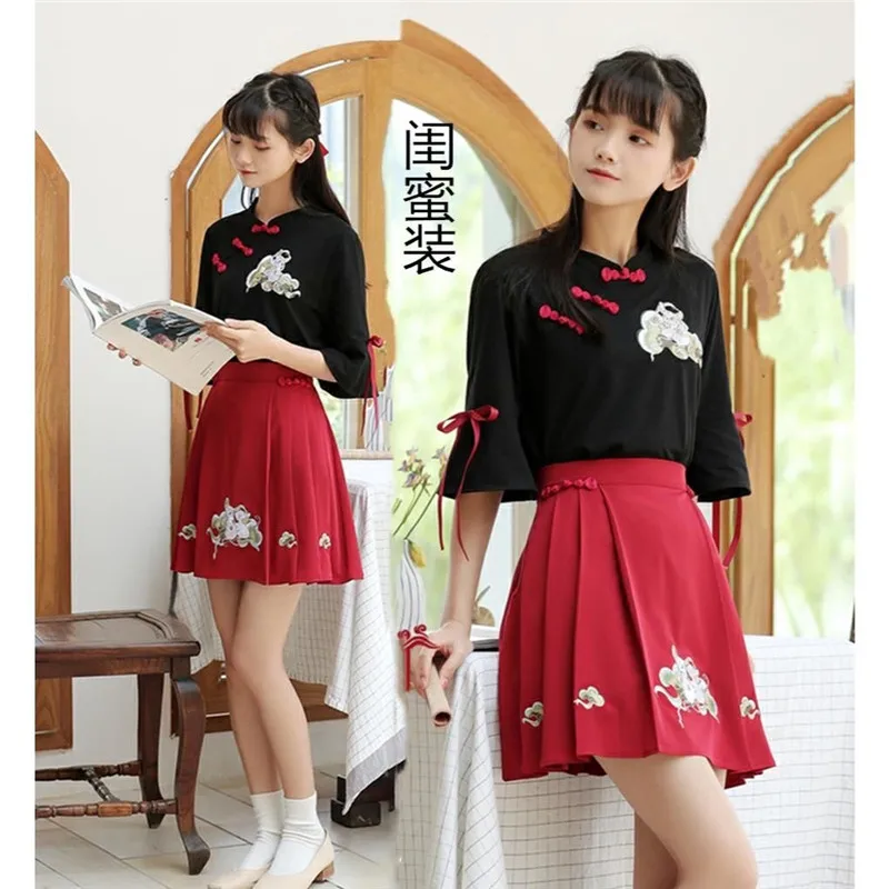 

Chinese Style Embroidery Women Hanfu High Waist Pleated Skirt Tops Two-piece Set Retro Ancient Dance Stage Performing Costumes