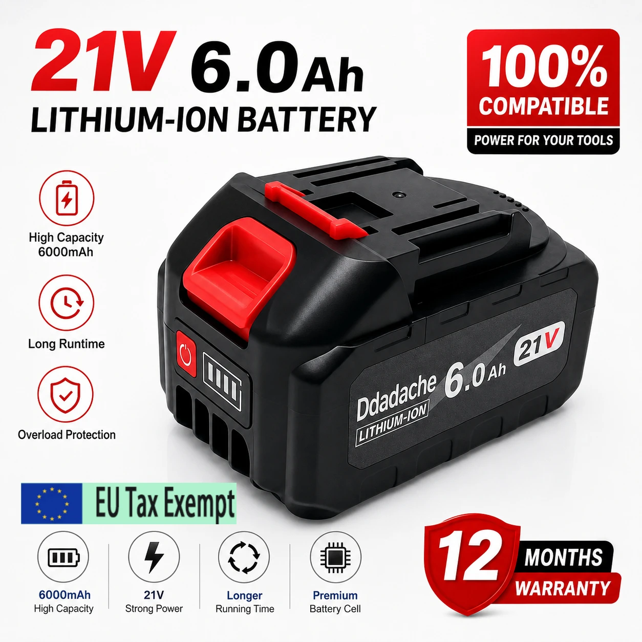 Batterieersatz für Makita 21V 5S2P 6000mAh Lithium-Ionen-Akku für Elektrowerkzeuge, Hochleistungs-Ersatzakku zum Aufschieben für Akku-Bohrschrauber, Schlagschrauber, Kettensäge