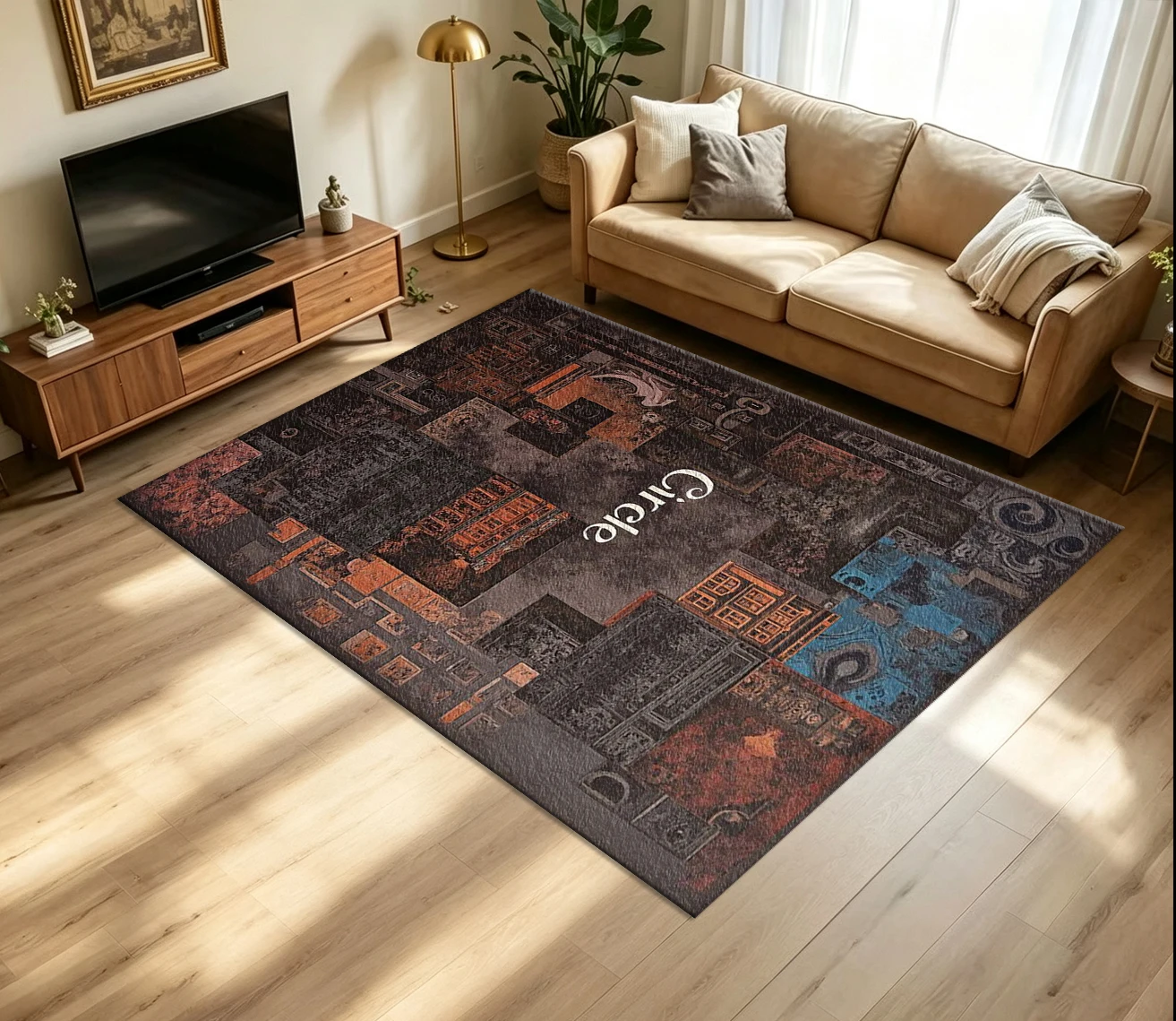 Vintage City Building Collage Circle Text Abstract Carpet Flooring Industrial Art Area Rug