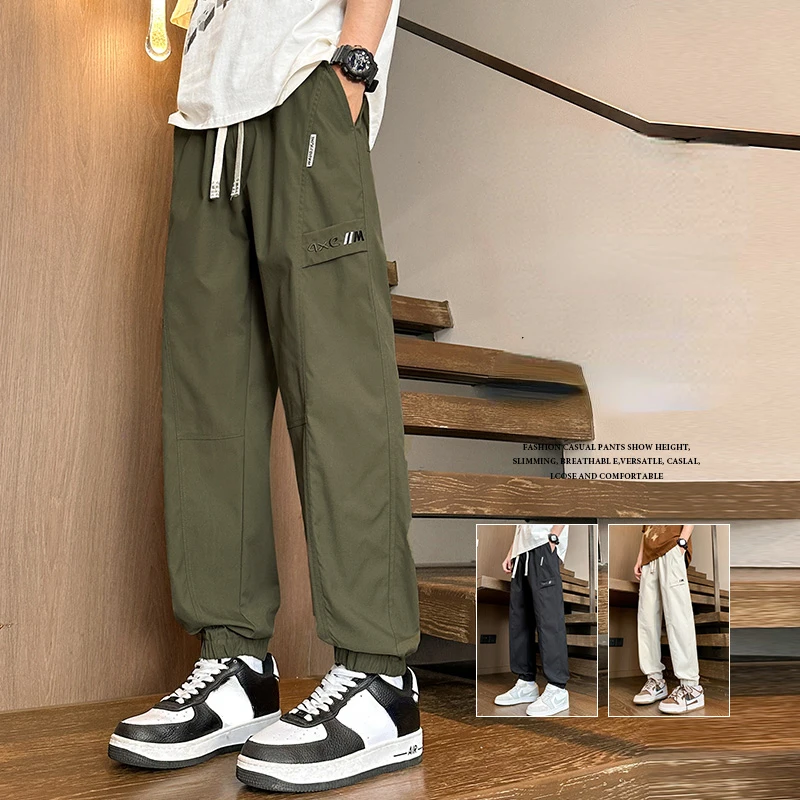 

Korean Style Ment's Drawstring Elastic Waist Pants Trendy Cargo Beam Feet Trousers Loose Comfortable College