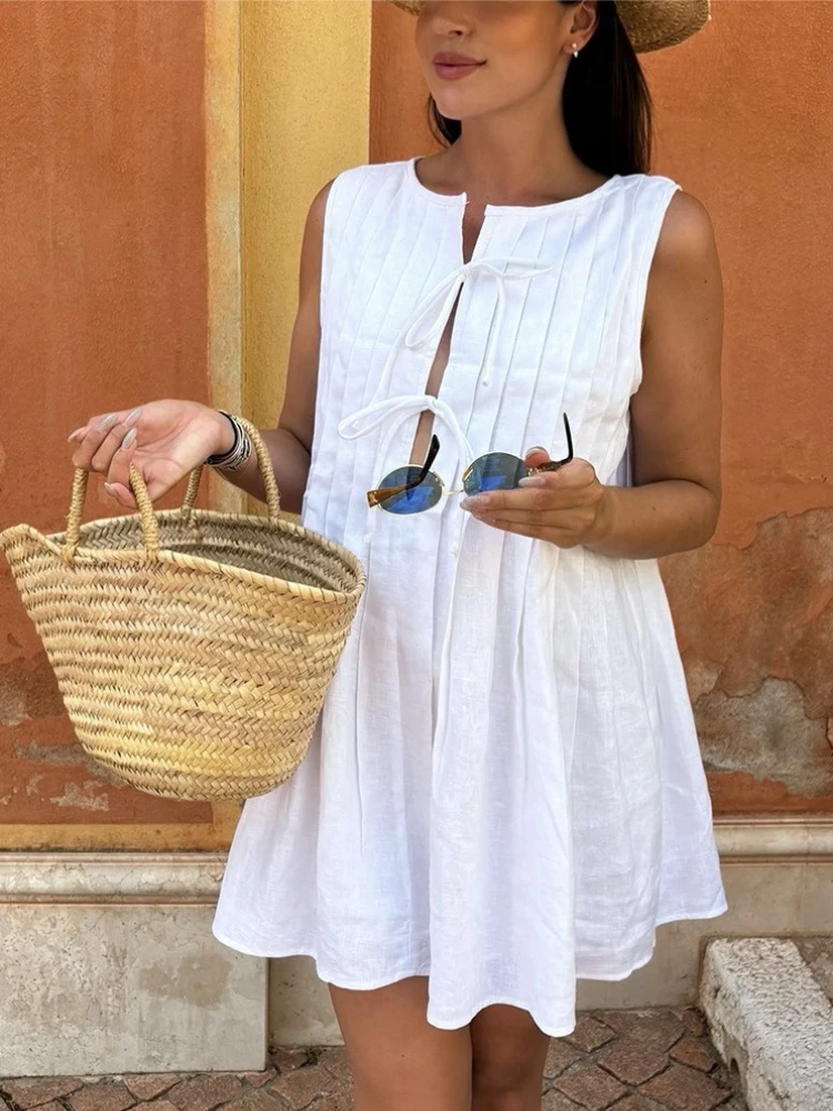 Tsiisd Casual Pieghe Mini Abito Per Le Donne Lace-Up Senza Maniche Solido Allentato Allentato Patchwork Estate 2026 Nuovo Vestito Vestito delle Donne
