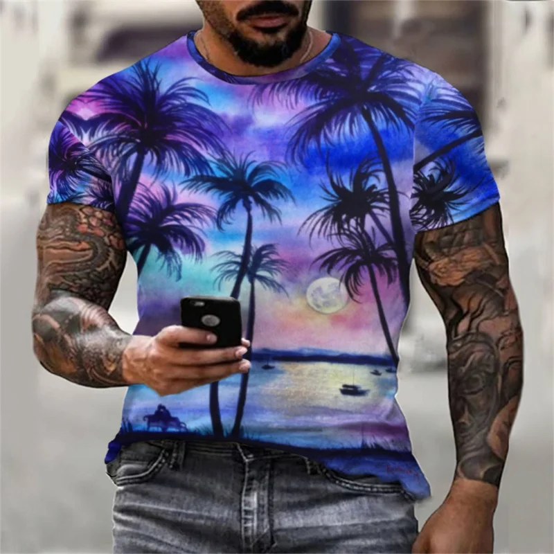 Kaus pohon kelapa kaus Hawaii pria kaus cetak Digital 3D kerah pantai tropis bunga kasual longgar Atasan Pria clothi