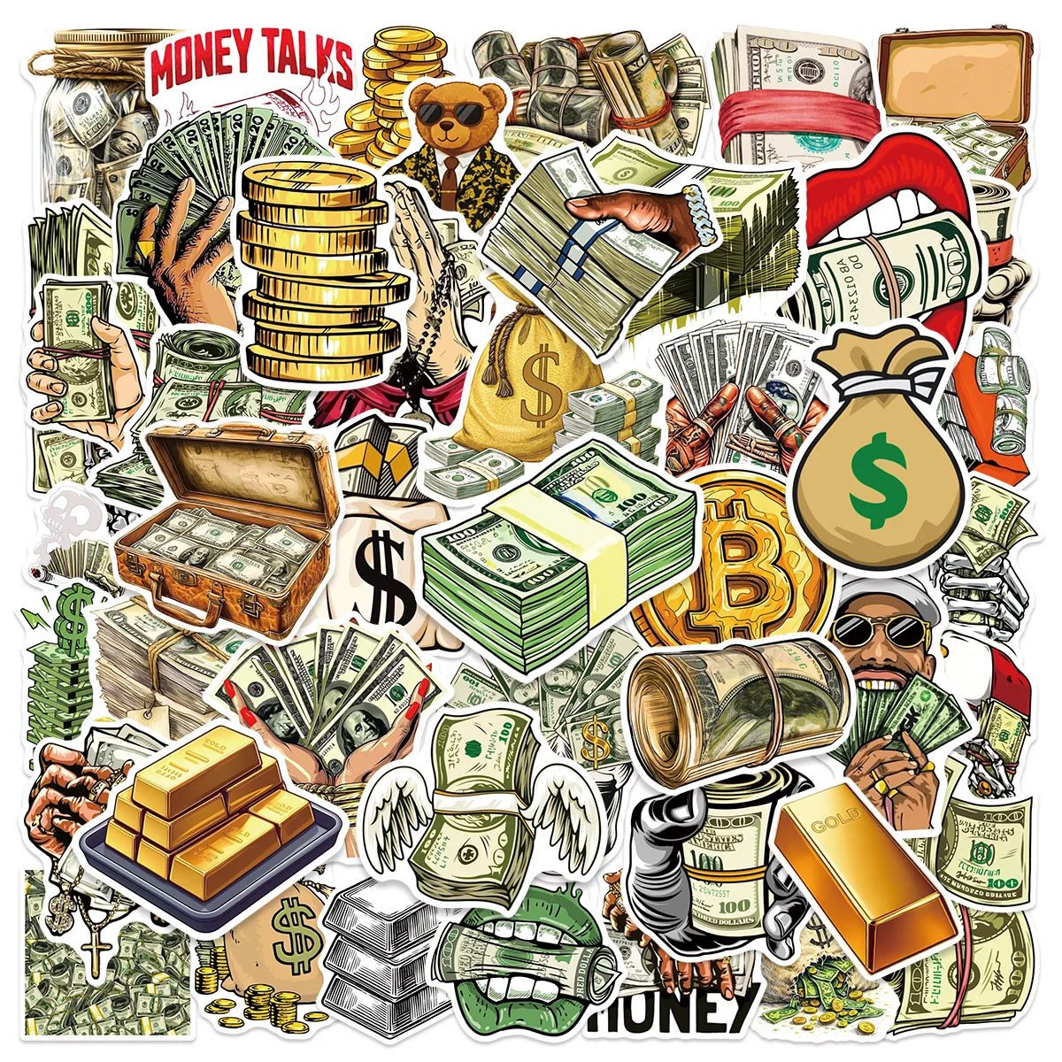 

50PCS Money Stickers Dollar Bill Funny Cash Gold Coin Bitcoin Wealth Cartoon Decorable Water Cup Waterproof Sticker Kids Toy