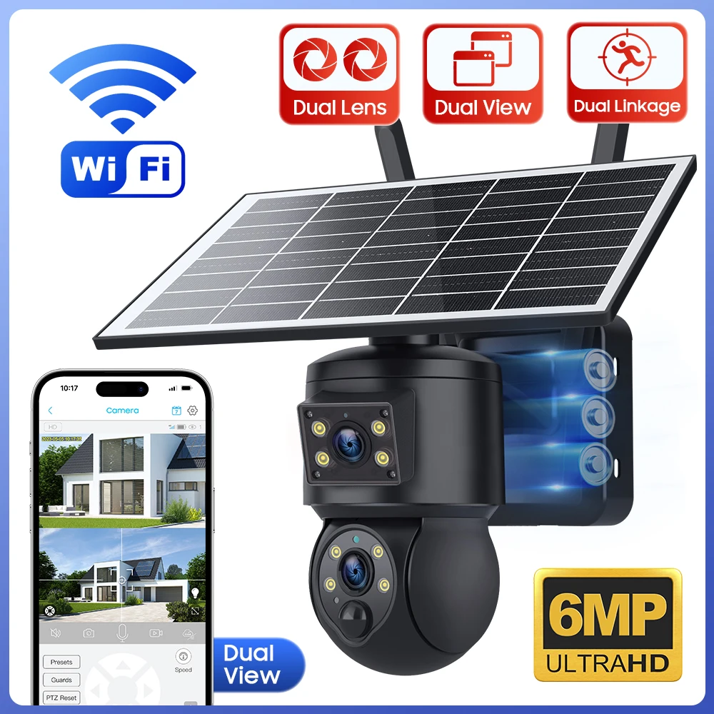6MP Ubox APP Solar Power Dual Lens WIFI IP Camera Full Color AI Humanoid Detection Home Security CCTV Monitor