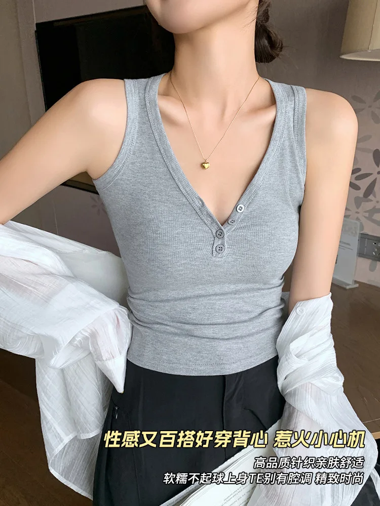 T shirt women 2026 fashion Threaded button V-neck halter top Spring summer new slim cotton base top tshirt women's clothing