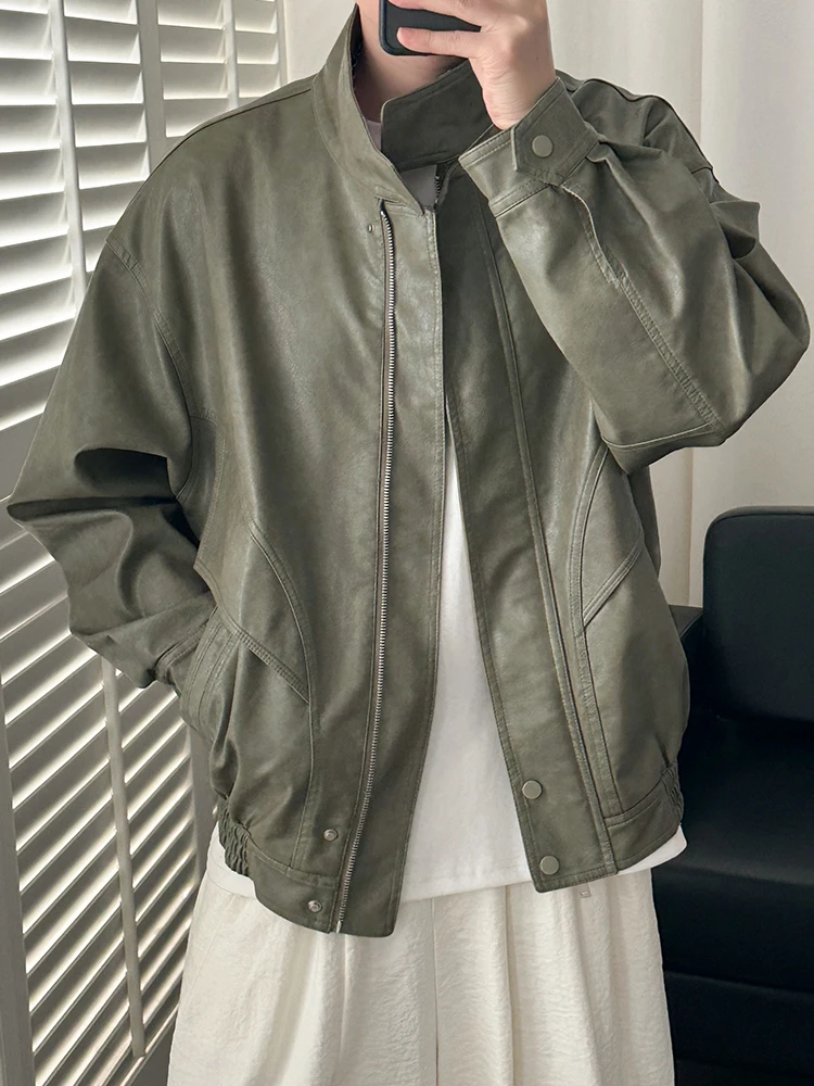 

Повседневная байкерская кожаная куртка, мужская весенне-осенняя новинка 2024, модная крутая мотоциклетная верхняя одежда с воротником-стойкой для отдыха