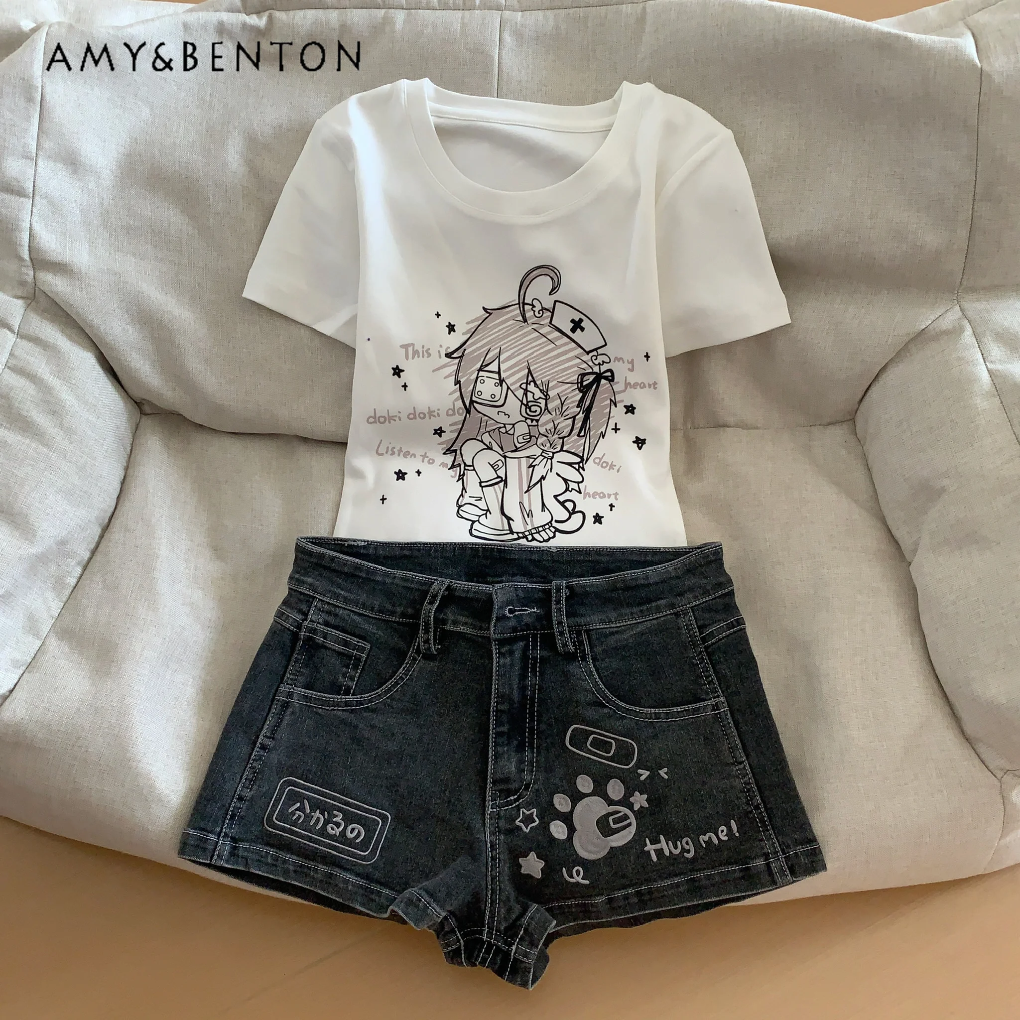 Subculture Spice Girl Y2K Denim Shorts Summer New Versatile Daily Casual Elastic Jean Shorts Cartoon Embroidered Kawaii Shorts
