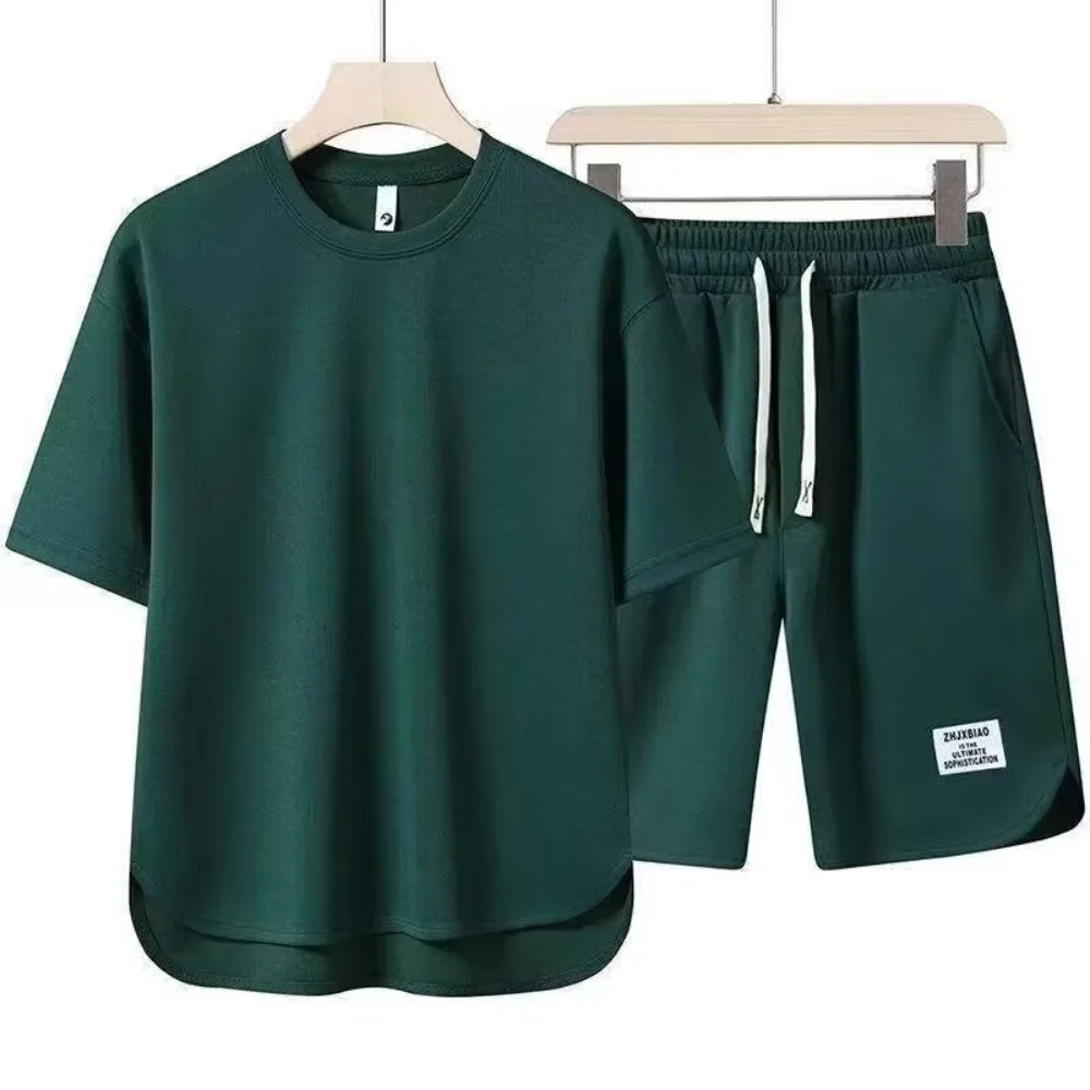 2 Pcs/Set Men T-shirt Shorts Set Round Neck Short Sleeves Drawstring Elastic Waist Ice Silk Men Sport Top Shorts Set Sportswear