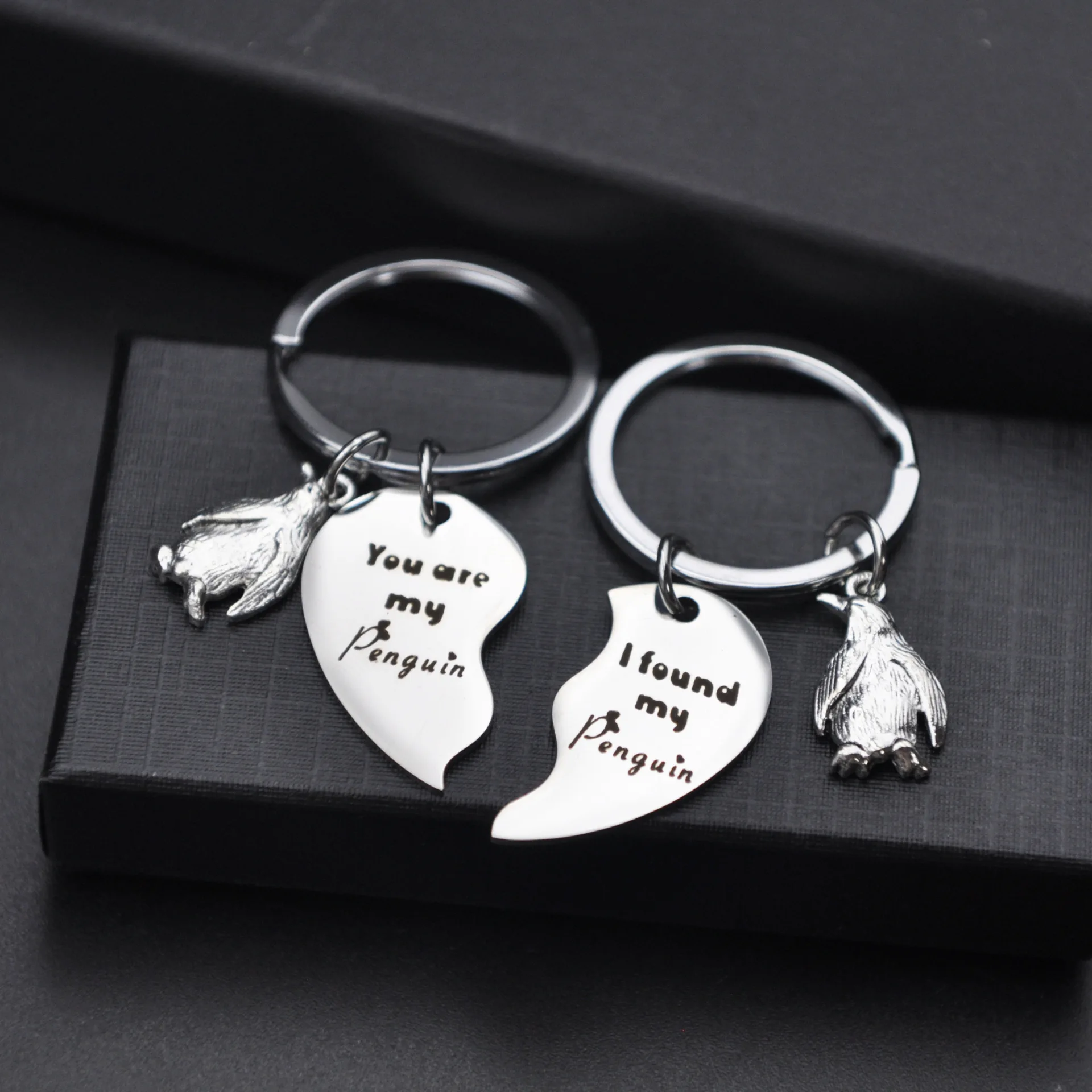 Penguin Puzzle Lover Heart Stainless Steel Keyring Key Chain Women Man Jewelry Accessory Pendant Gifts Fashion