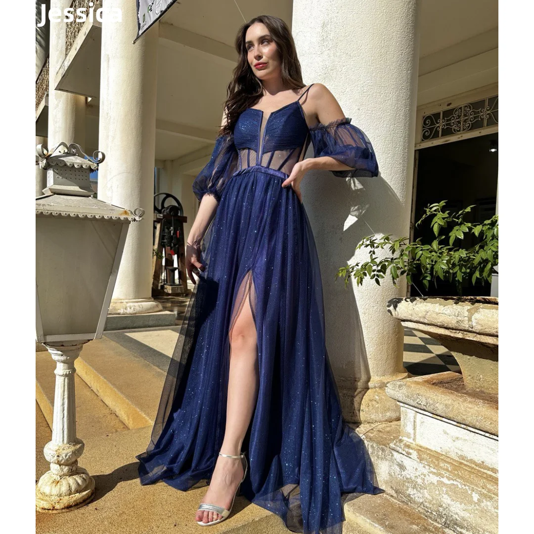 Jessica Navy Blue Prom Dresses Puff Sleeve Glitter Tulle Evening Dresses A-line Side Slits Wedding Party Dress Vestidos De Noche