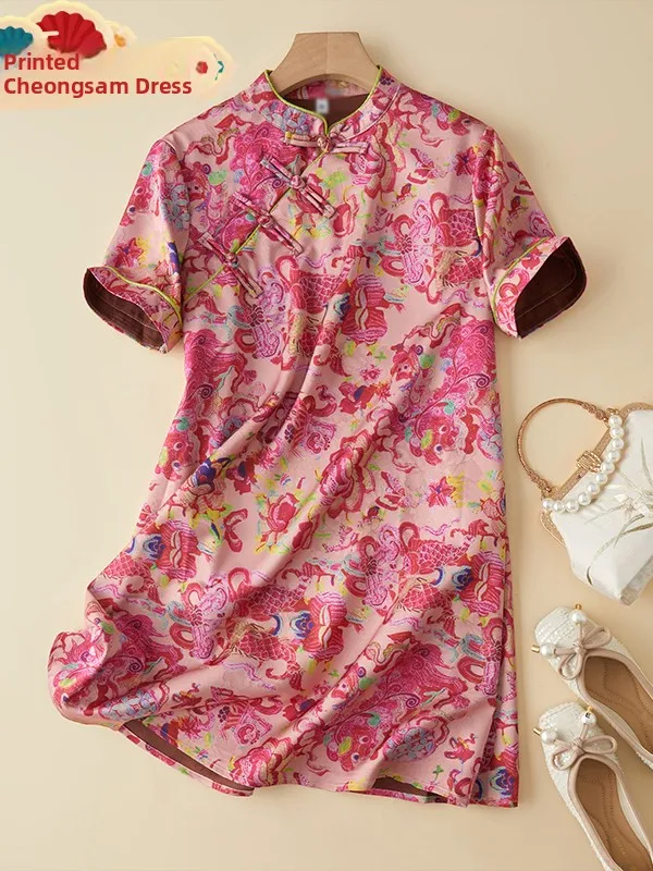 

New Chinese Sle Long irt ort Sve Stand Collar Printed Qipao Top Faionable Straight Cut Summer Women's Clothing